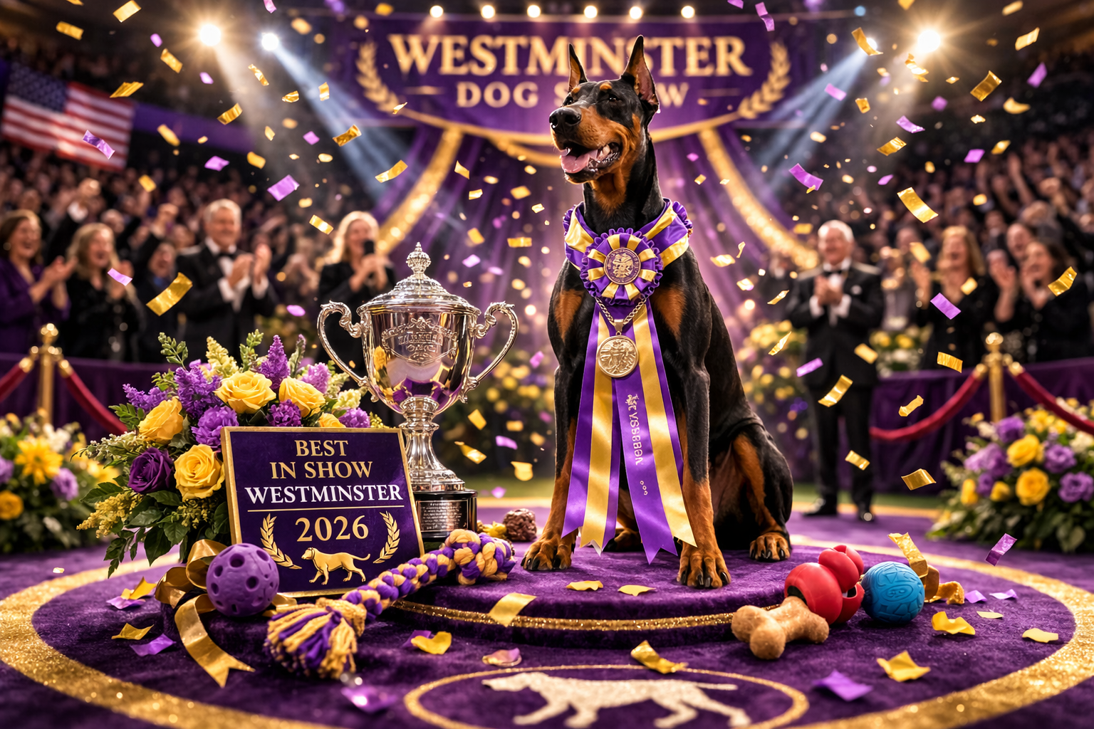 Doberman wins 2026 Westminster Dog Show, sitting with trophy, flowers, and pet toys on stage.