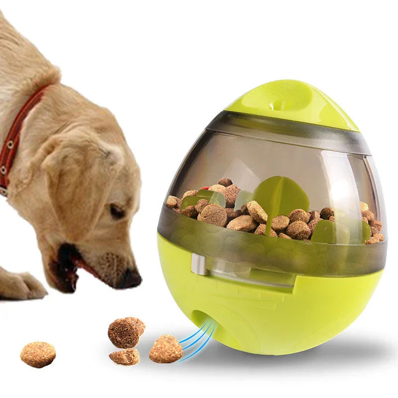 Dog interactive treat dispenser toy with kibble, yellow green, dog eating treats