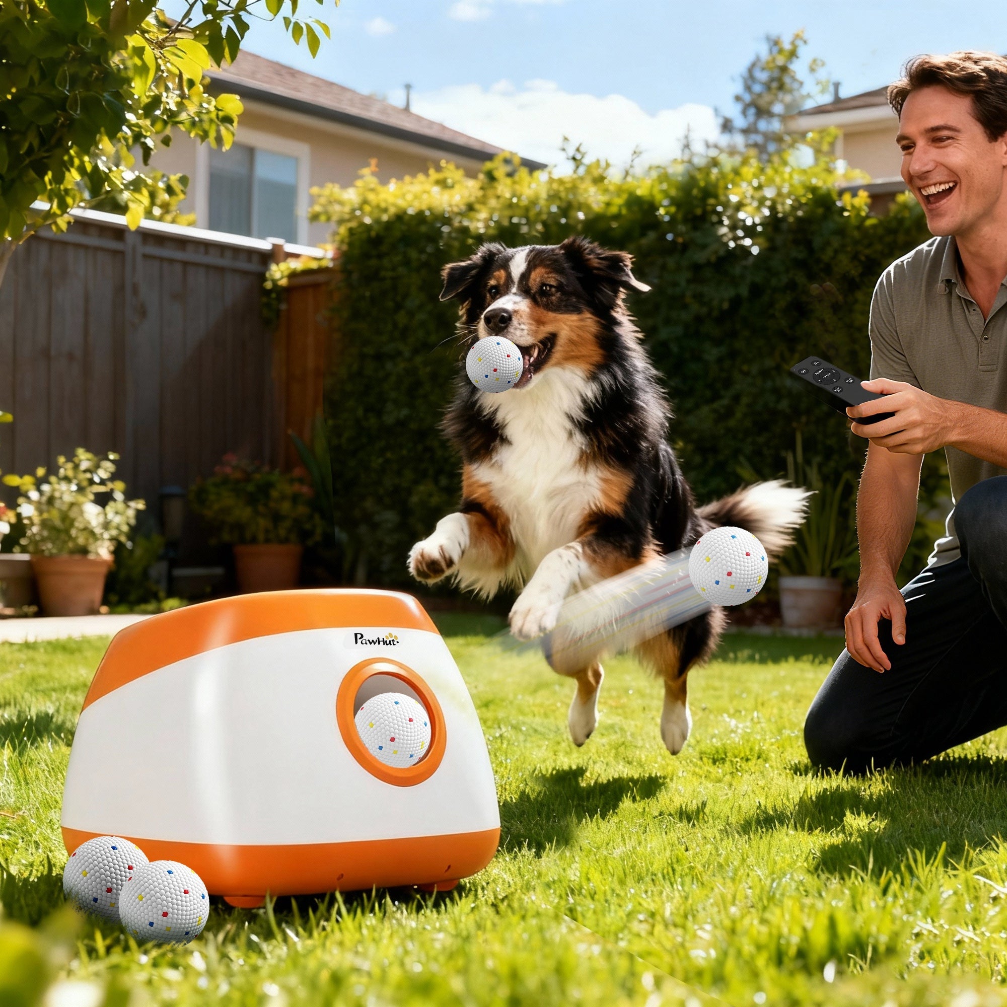 Dog playing fetch with automatic ball launcher in backyard, playful pet toy for dogs