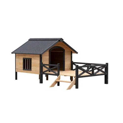 Wooden outdoor pet house with fenced patio, ramp, and shingled roof for dogs or cats