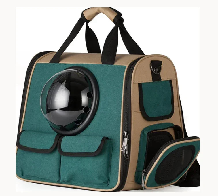 Green and beige pet carrier backpack with bubble window, ventilation holes, and storage pockets