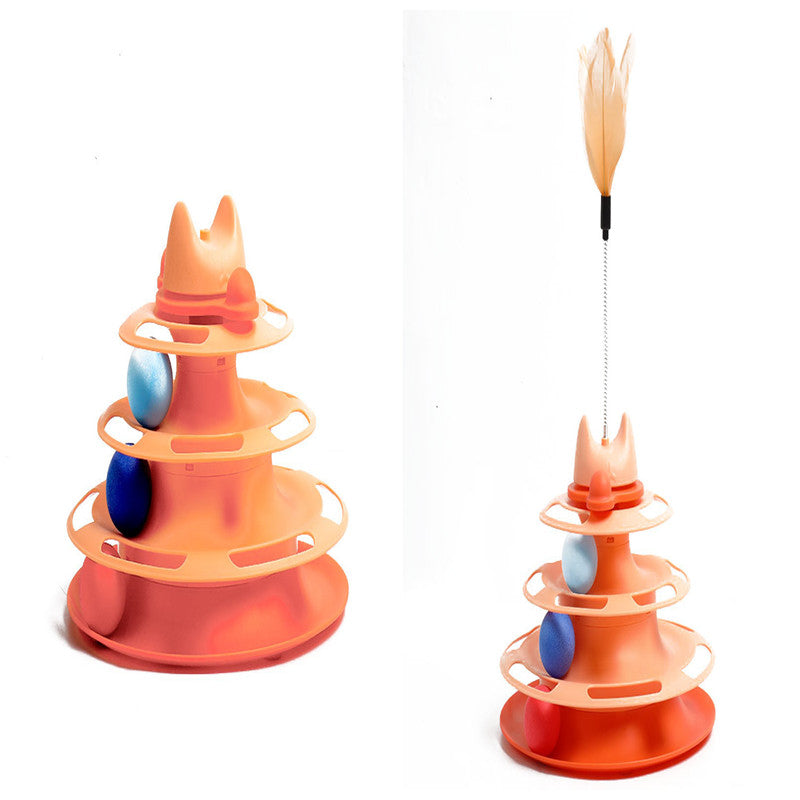 Orange cat toy with multiple levels and a feather on a white background