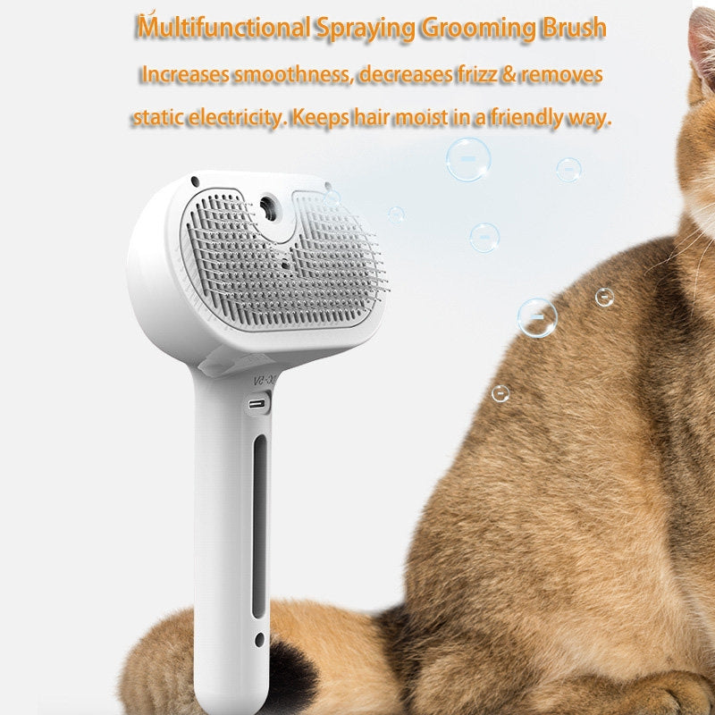 Multifunctional spraying grooming brush for pets with a cat in the background