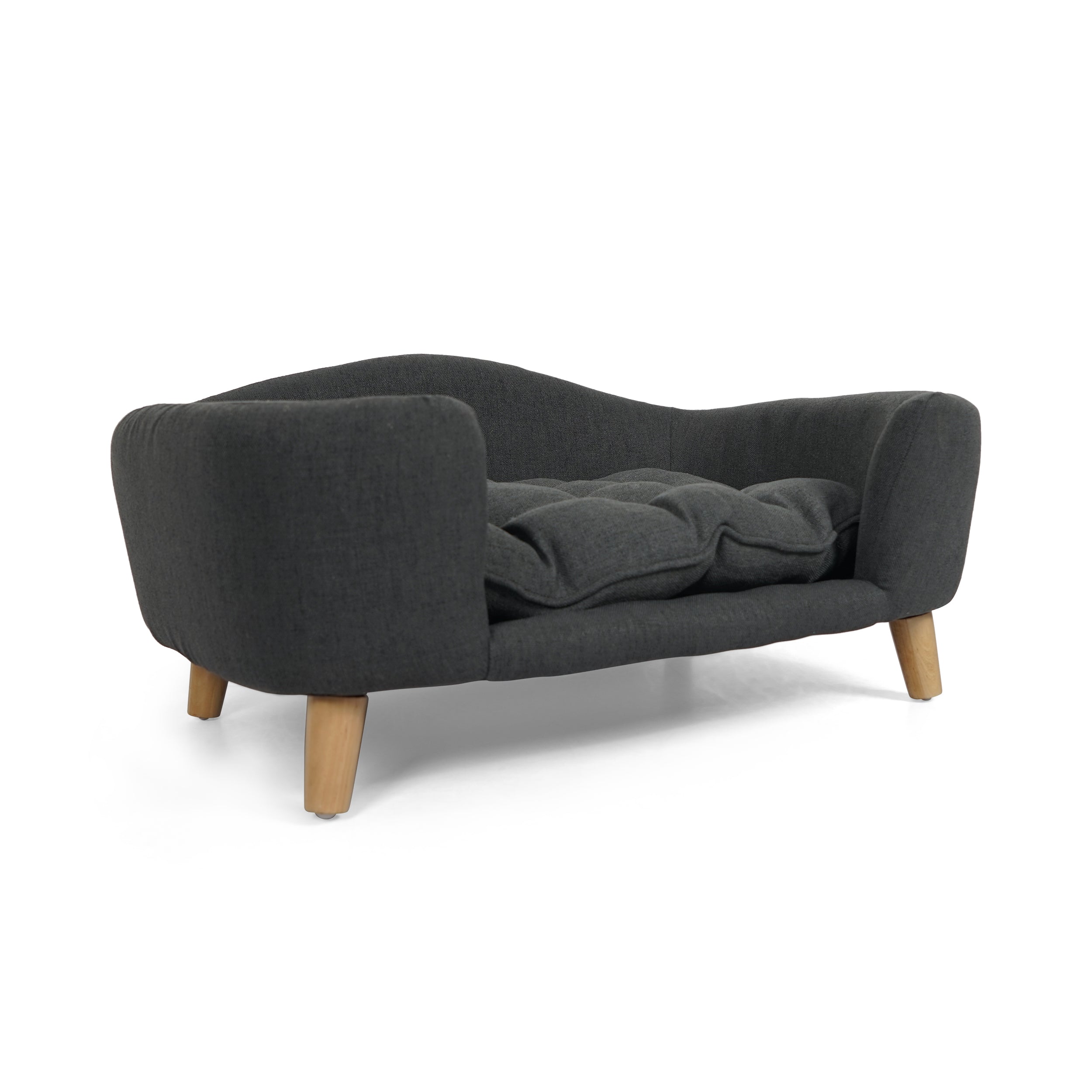 Dark gray sofa with wooden legs on a white background