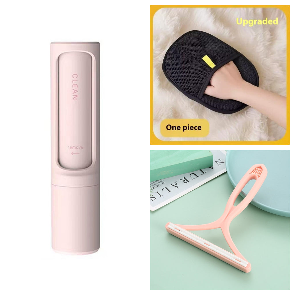 Collage of cleaning tools including a pink device, black mesh scrubber, and squeegee on a white background.