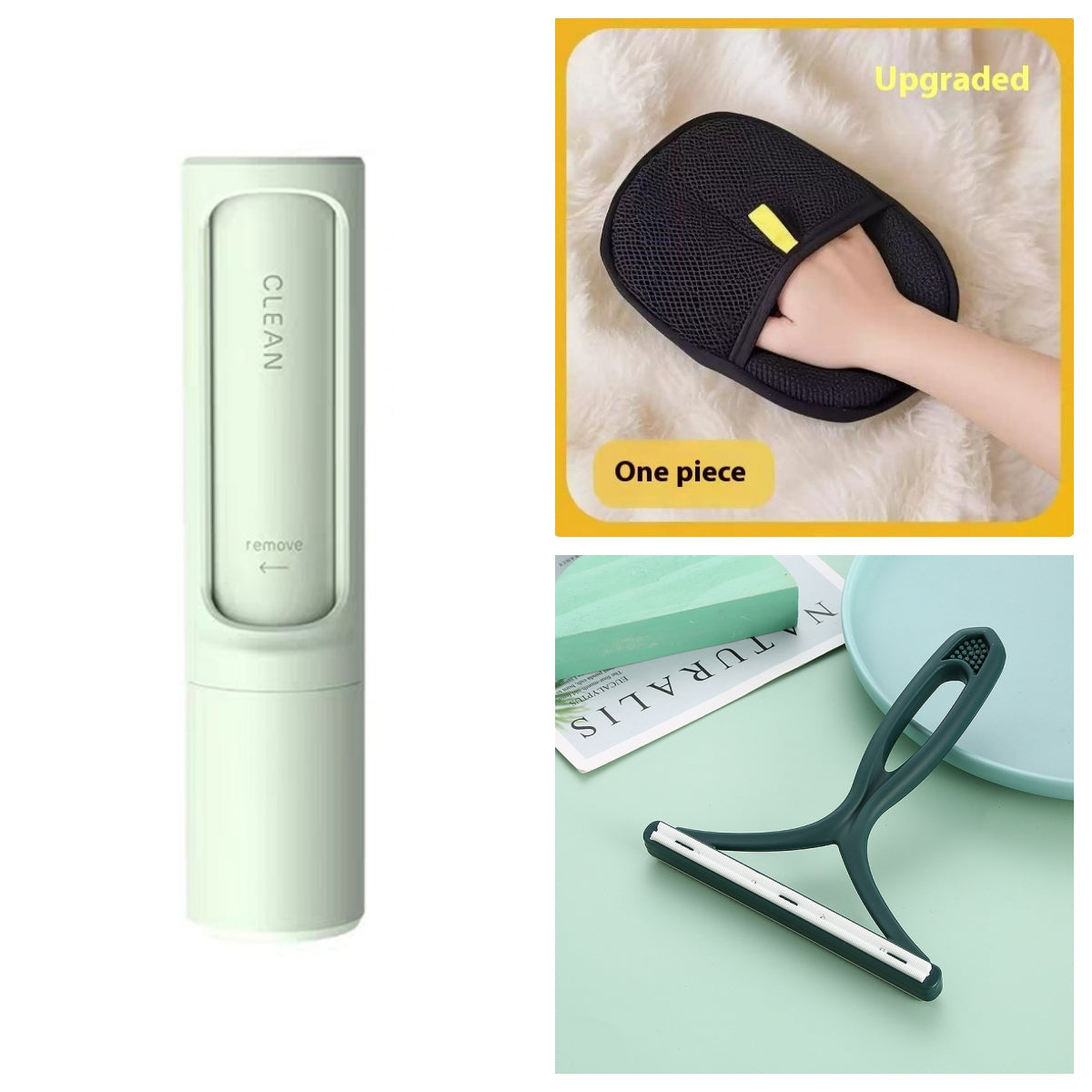 Collage of cleaning tools including a green device, black squeegee, and a hand holding a black mesh tool.
