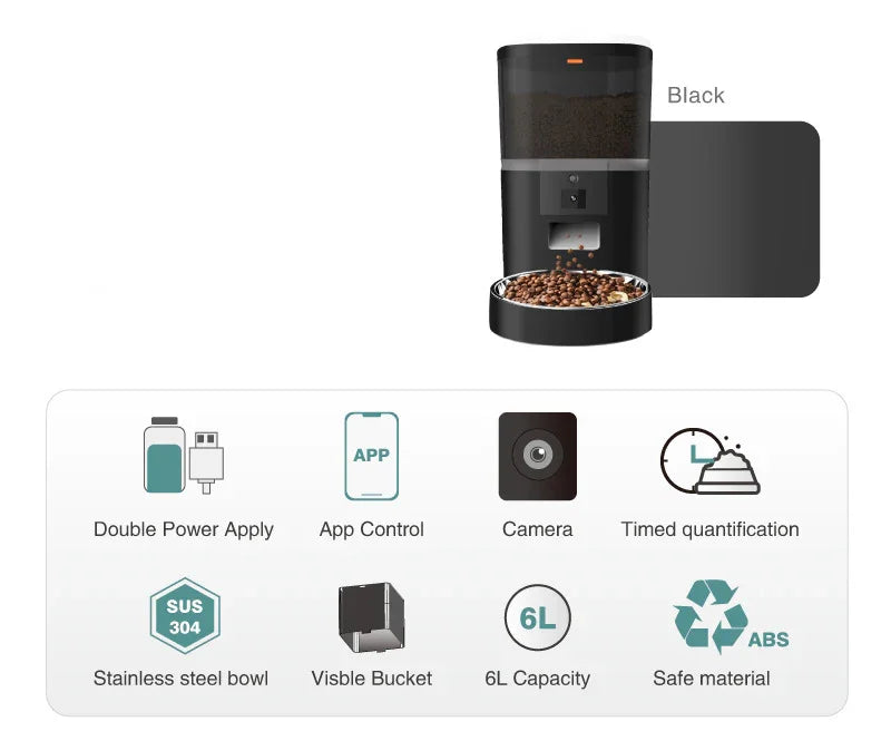 Black automatic pet feeder with camera, app control, 6L capacity, stainless steel bowl