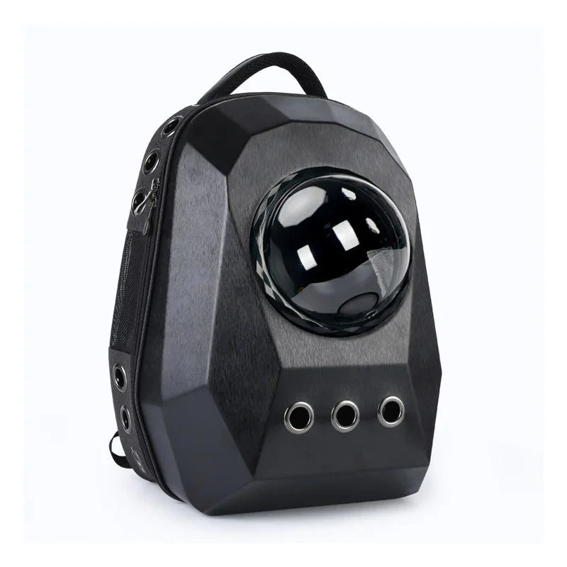 Black pet carrier backpack with bubble window and ventilation holes for cats or small dogs