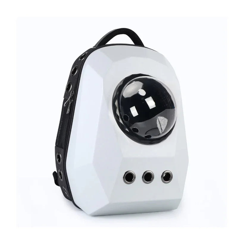 White hard-shell pet carrier backpack with bubble window and ventilation holes for cats or dogs