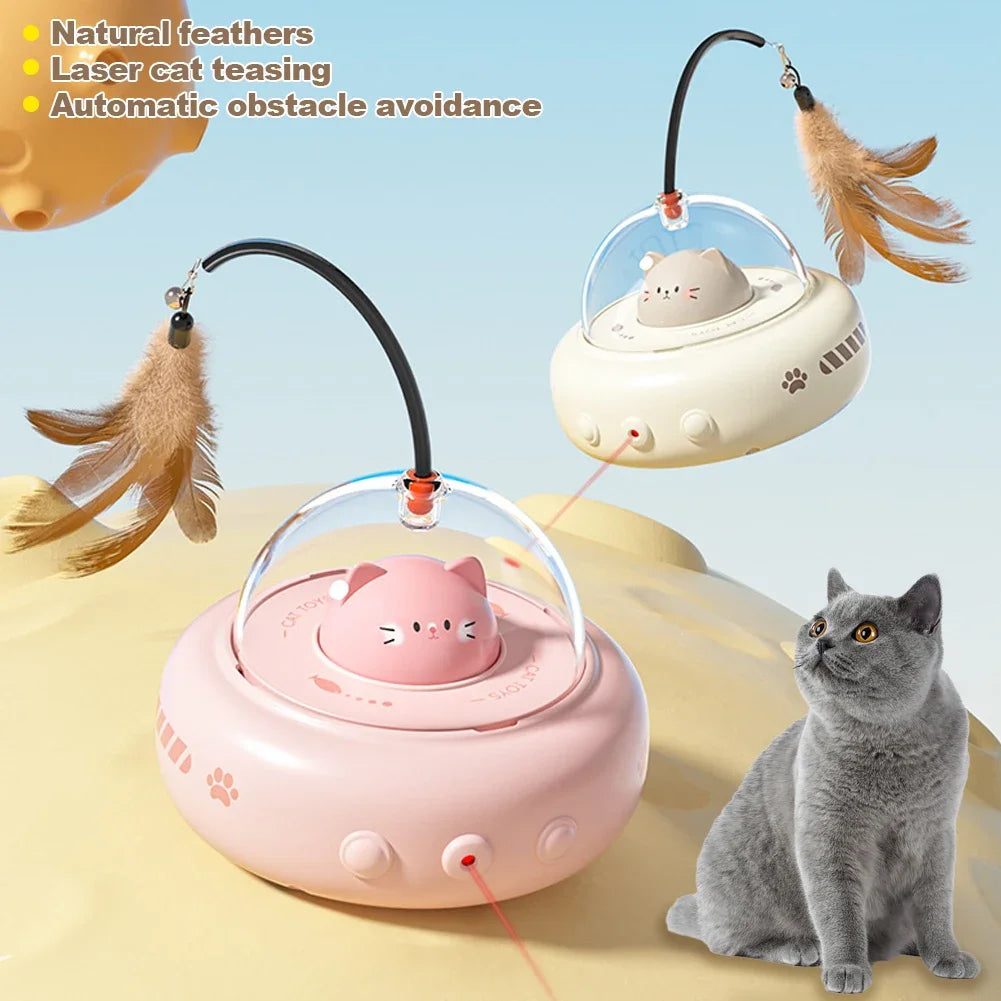 Cat toy with natural feathers and laser feature, featuring a cat sitting next to it.