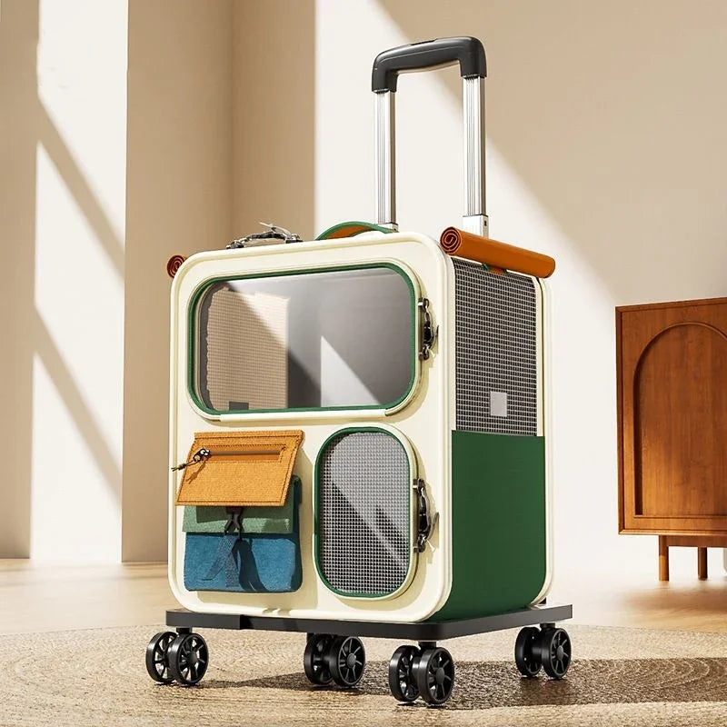 Modern rolling pet carrier with mesh windows, suitcase handle, and storage pockets