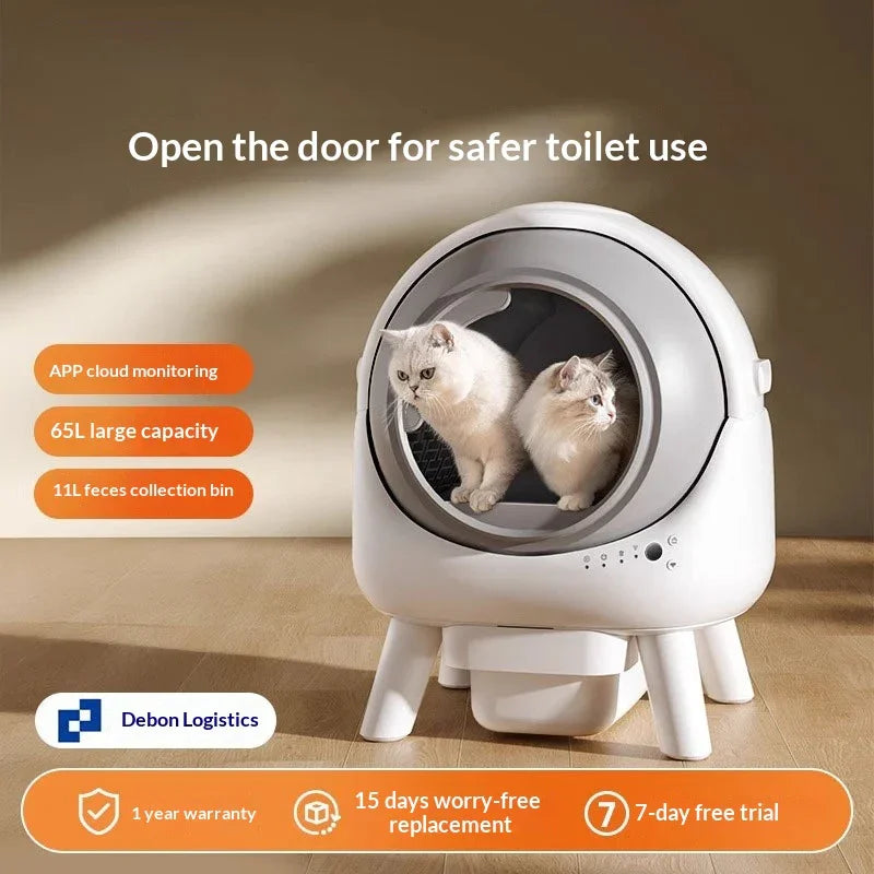 Two cats inside a smart self-cleaning litter box with app monitoring and large capacity.
