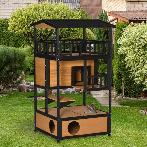 Three-level cat play structure with wooden panels and black frames in a garden setting.
