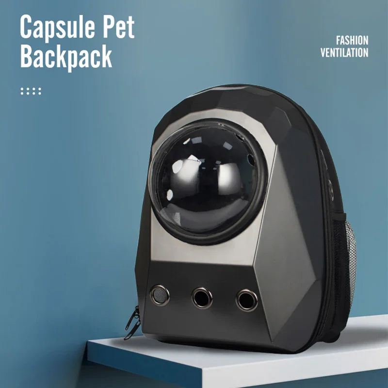 Modern capsule pet backpack with clear bubble window and ventilation, black and gray design