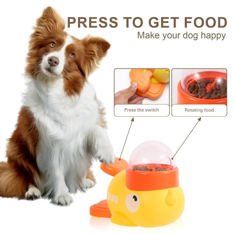 Dog interacting with a toy designed to dispense food, with text indicating it makes dogs happy.