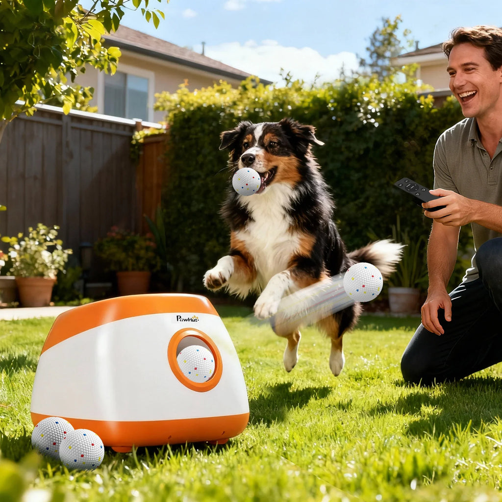 Dog catching ball from automatic ball launcher outdoors with owner smiling