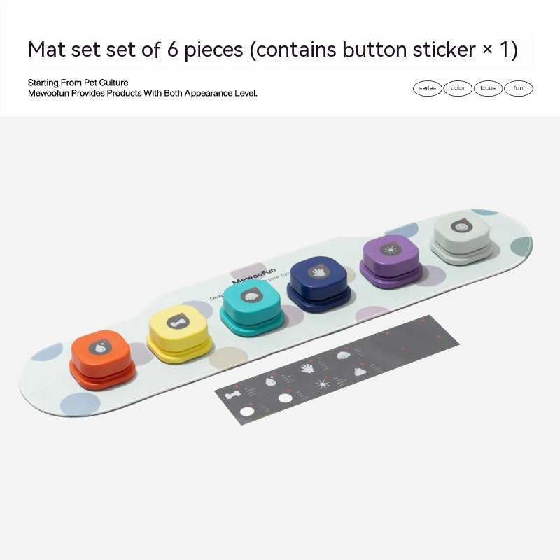 Colorful mat set with six buttons and a sticker on a white background
