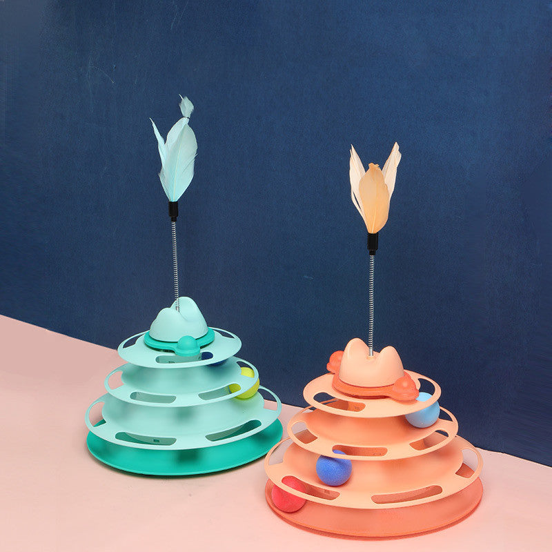 Two colorful pet toys on stands against a blue background