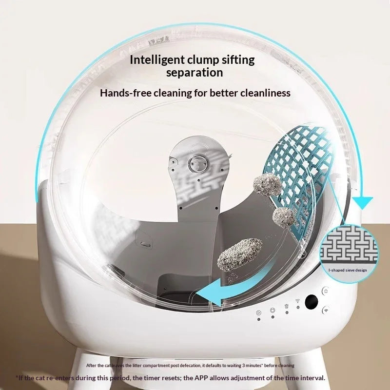Automatic cat litter box with intelligent clump sifting, hands-free cleaning feature.