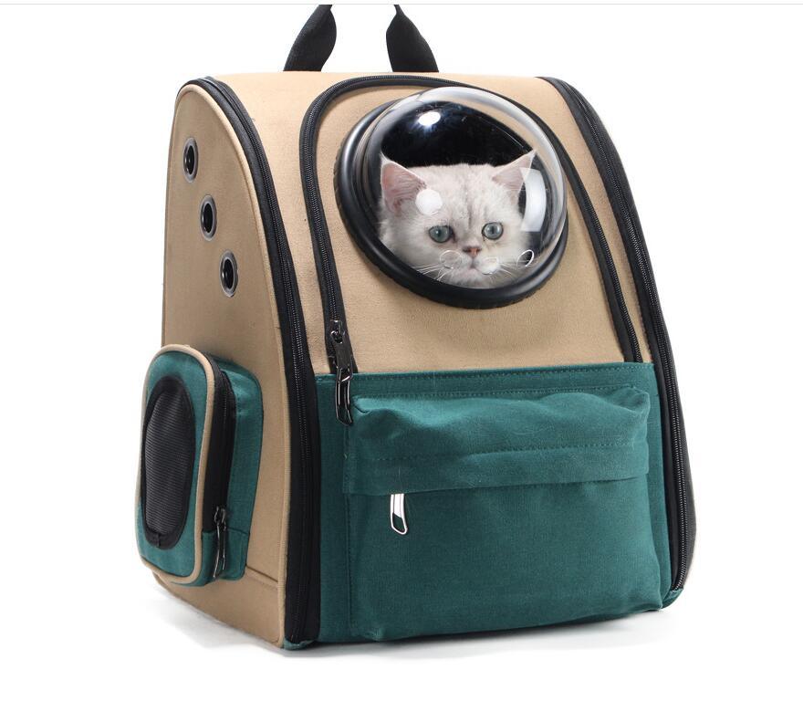 Cat in a beige and green pet carrier backpack with bubble window and ventilation holes