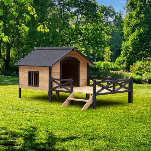 Outdoor wooden dog house with porch in green backyard, pet supplies for dogs