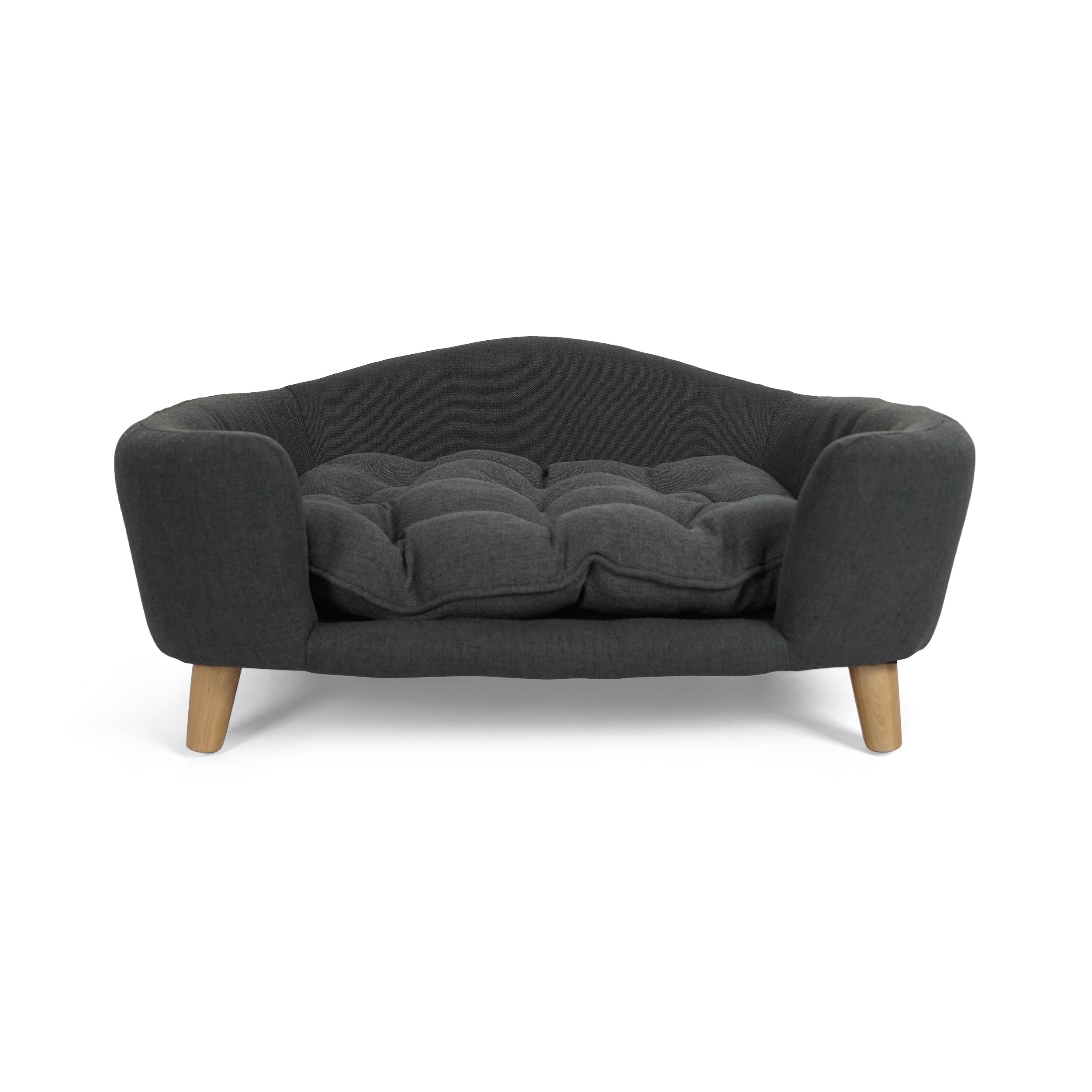 Dark gray sofa with wooden legs on a white background