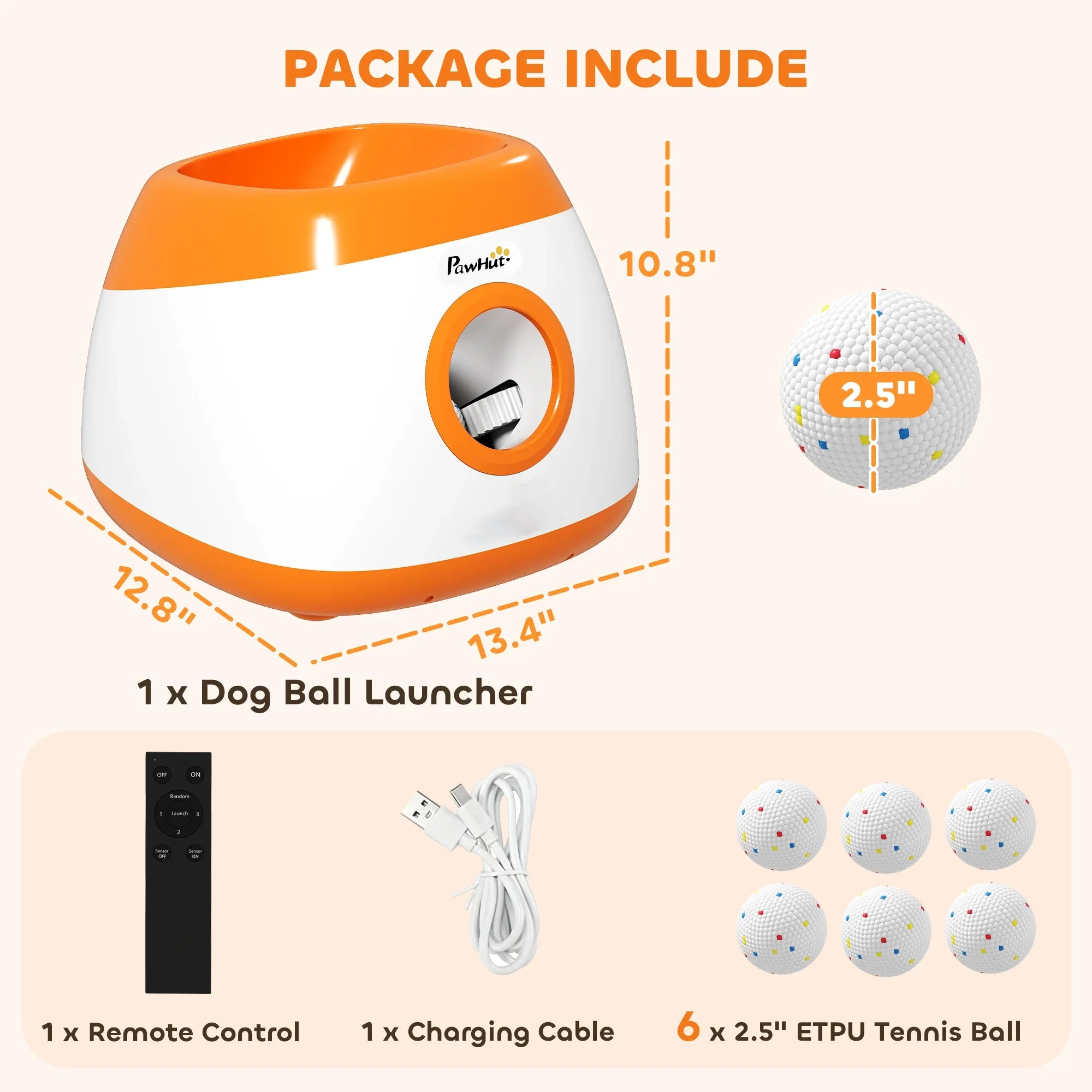 Dog ball launcher package with remote control, charging cable, six 2.5-inch ETPU tennis balls.