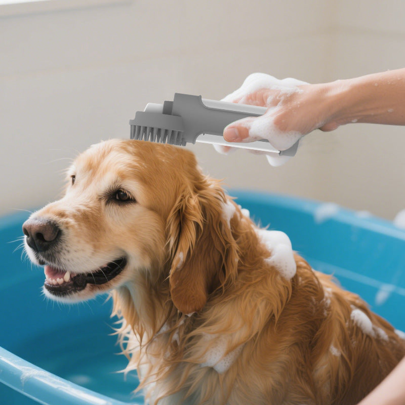 Dog being bathed with a brush in a blue basin, with a person's hand holding the brush.