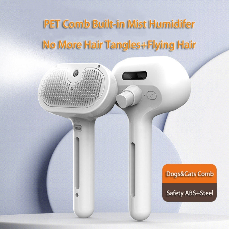 Pet comb with built-in mist humidifier on a light blue background