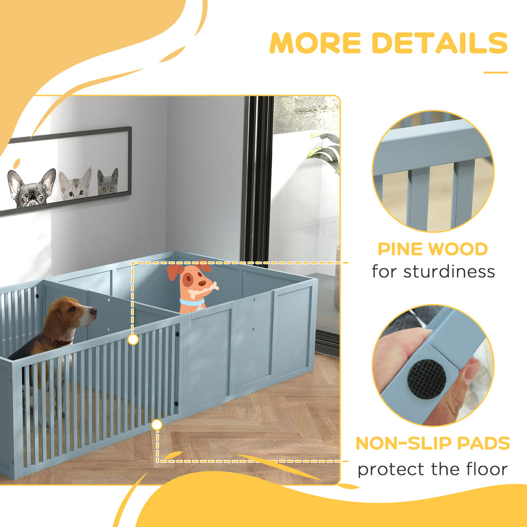 Dog gate with features highlighted on a yellow and white background
