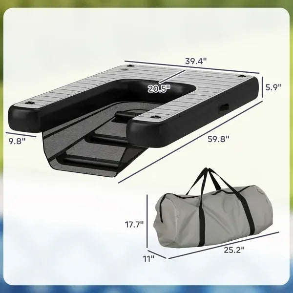 Floating pet dock platform with stairs, shown with dimensions and a portable storage bag.