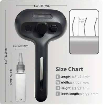 Black hair removal device with measurements and size chart on a gray background