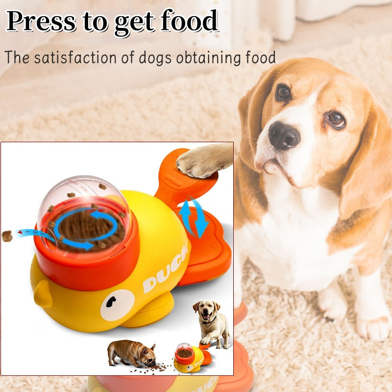 Dog toy shaped like a duck with text 'Press to get food' and a dog looking at it.