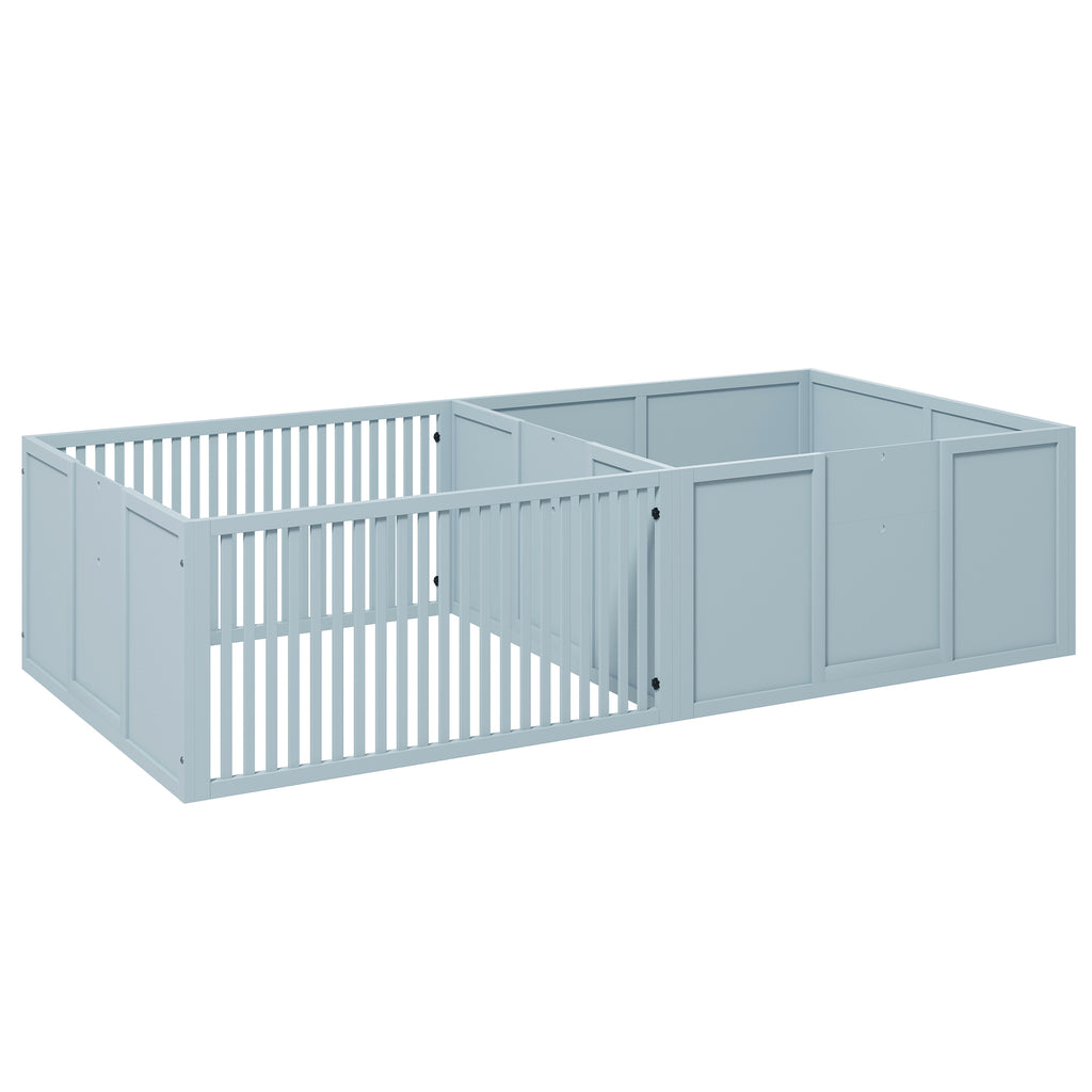 Light blue pet playpen with open sides on a white background