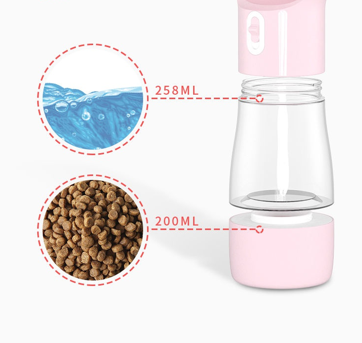 Clear and pink pet water bottle with measurements for water and kibble