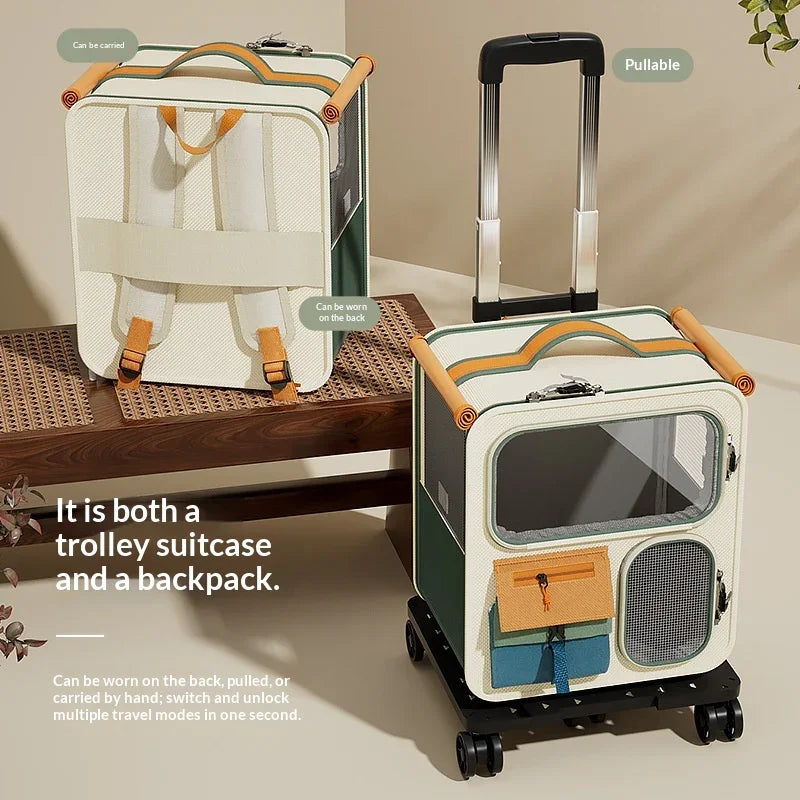 Convertible pet carrier with wheels and backpack straps, mesh windows, and retractable handle.