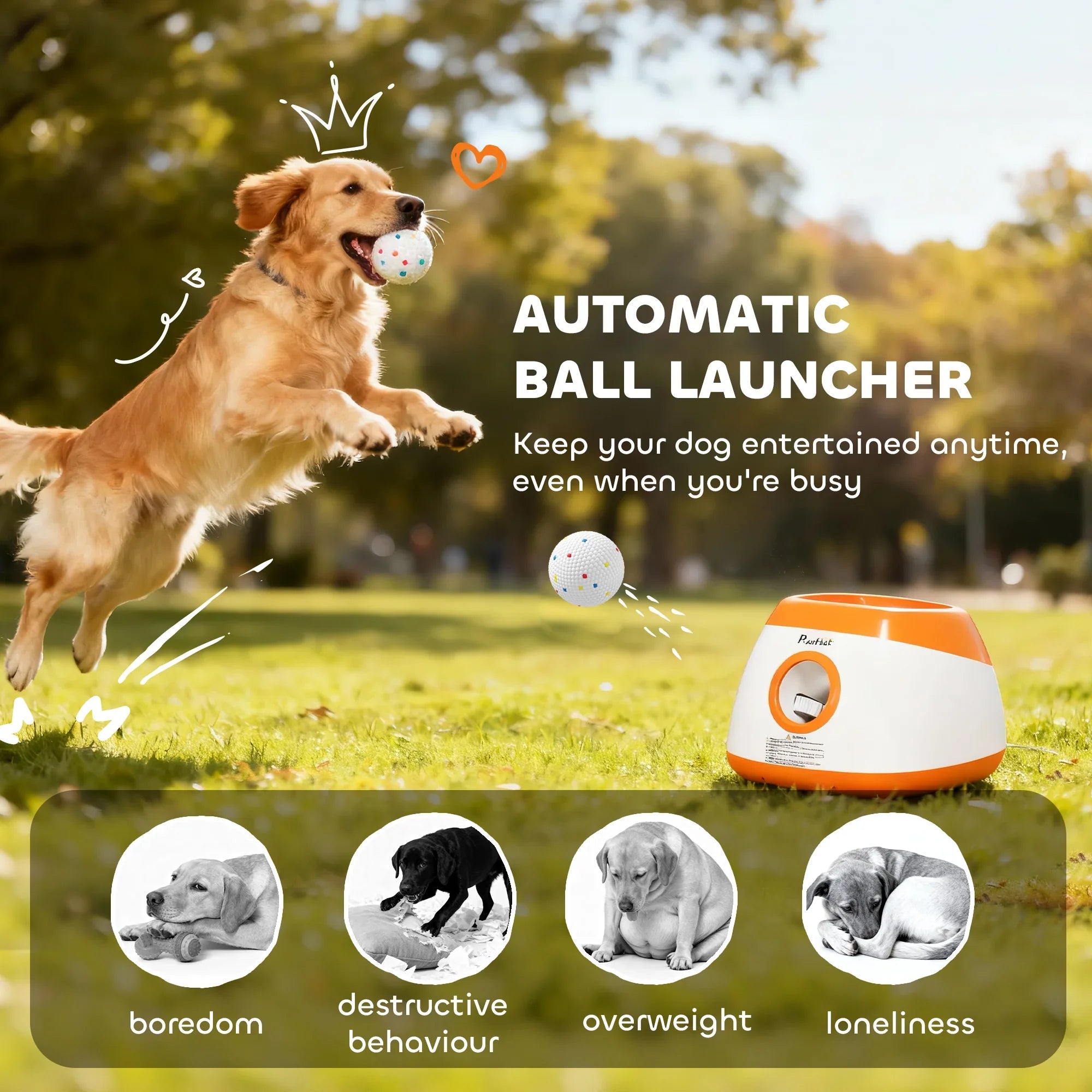 Dog playing fetch outdoors with automatic ball launcher, pet toy helps prevent boredom and loneliness.