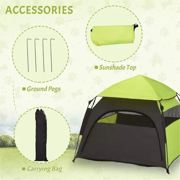 Pet tent accessory set with green sunshade top, ground pegs, carrying bag, and portable pet tent.