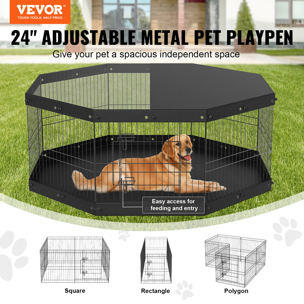 24-inch adjustable metal pet playpen with a dog inside, on grass with a house in the background, featuring VEVOR branding.