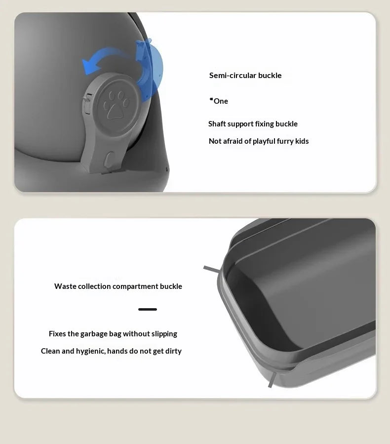 Close-up of pet waste container with semi-circular buckle and waste collection compartment