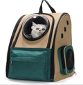 Cat in a tan and green pet carrier backpack with bubble window and ventilation holes