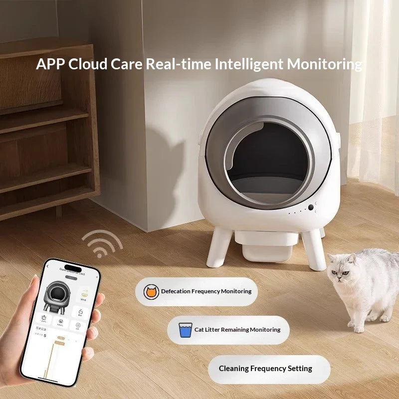 Smart automatic cat litter box with app monitoring, white cat beside, modern pet supplies