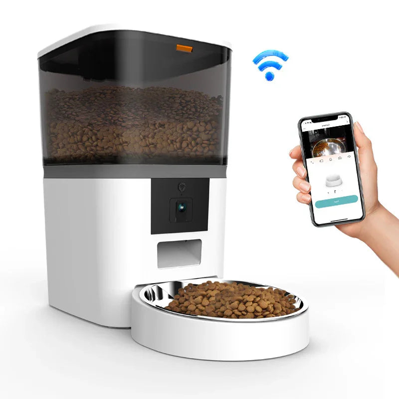 Smart automatic pet feeder with kibble, WiFi control, and mobile phone app