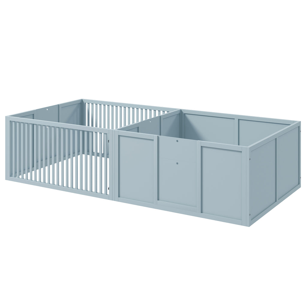 Gray metal playpen on a white background