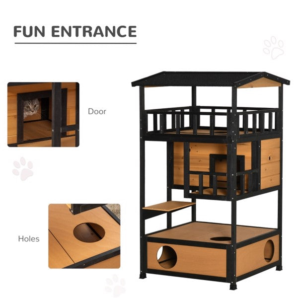 Multi-level cat play structure with wooden panels and black metal frame, featuring a door and holes.