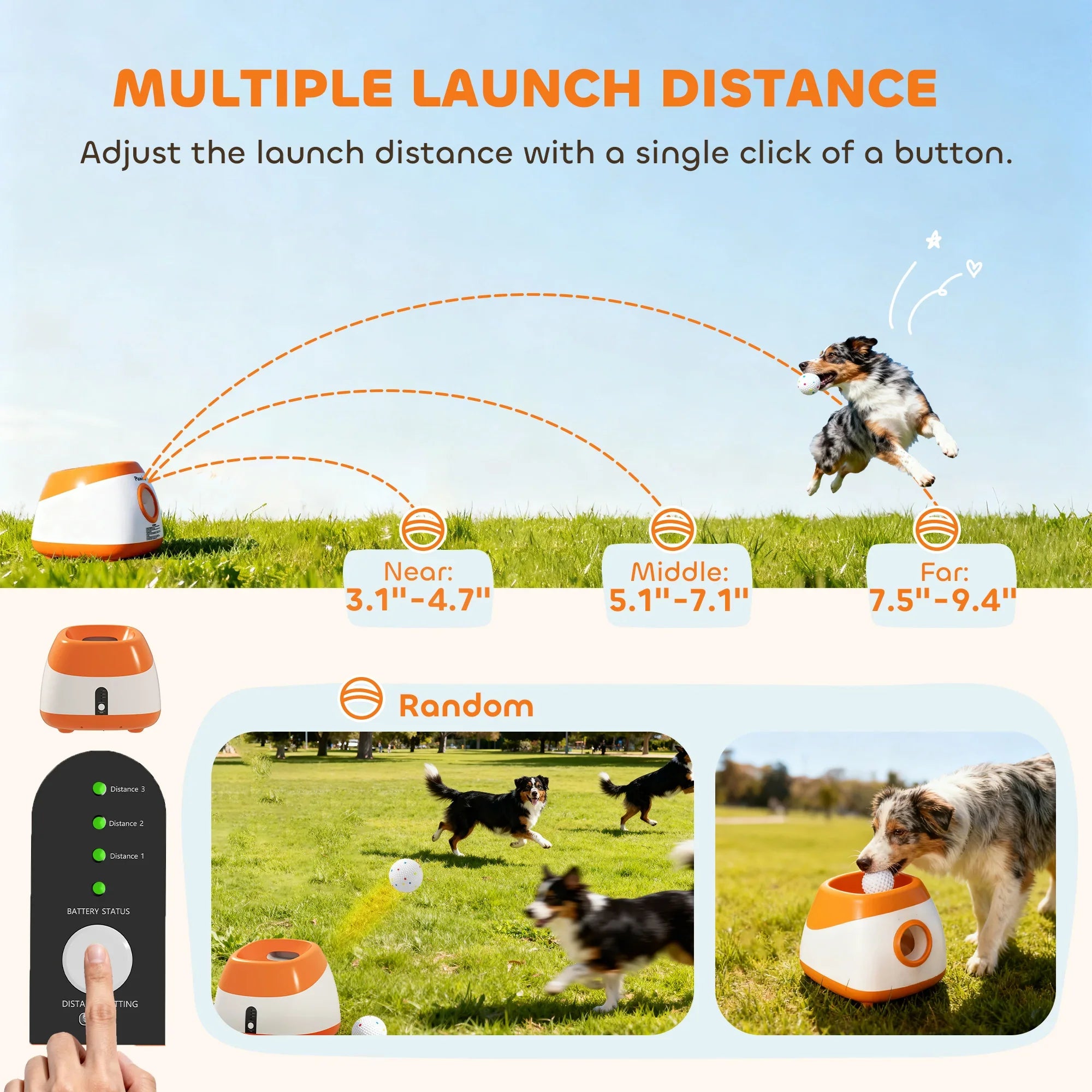 Dog playing fetch outdoors with automatic ball launcher, adjustable launch distance for pets.