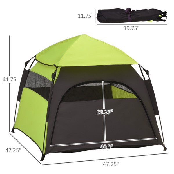 Green and black tent with dimensions on a white background