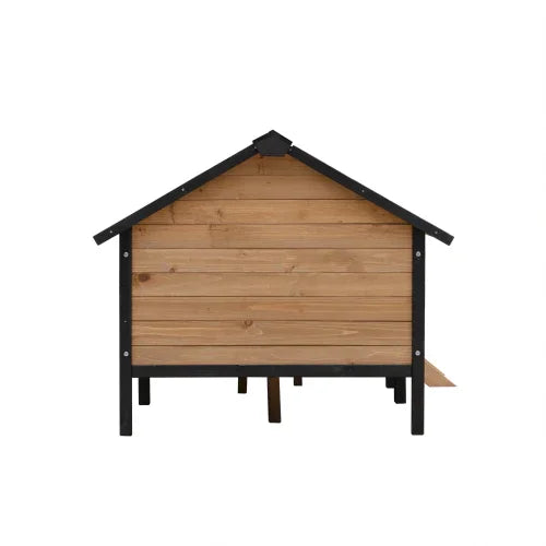 Outdoor wooden pet house with black frame, suitable for dogs or cats, front view