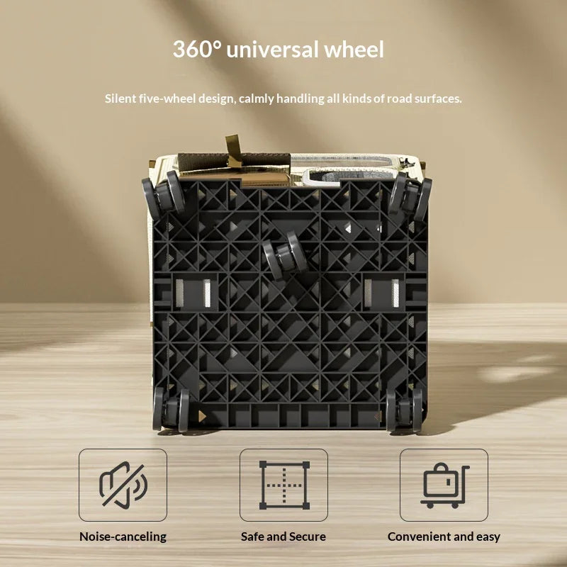 Pet carrier bottom showing 360-degree universal wheels, noise-canceling design, safe and easy mobility.