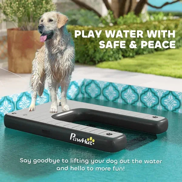 Wet golden retriever on PawHut dog pool float ramp in outdoor swimming pool
